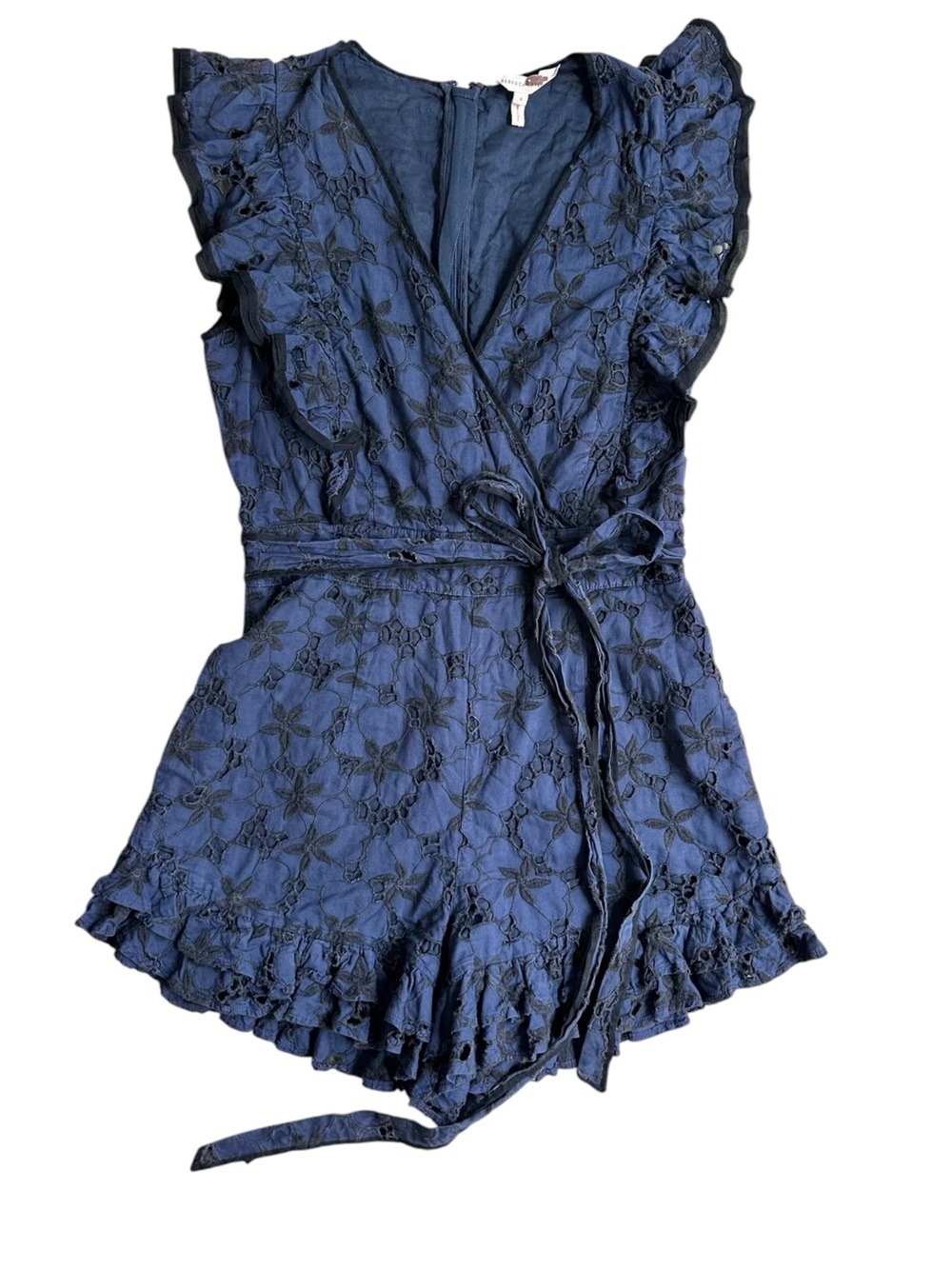 Rebecca Taylor Adriana Navy Blue and Black Embroidered Ruffle Romper
